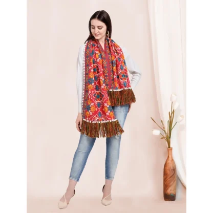 Women's Cotton Embroidered Muffler (Red, Length: 0.5 to 1 Mtr) - Image 3