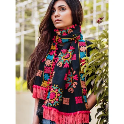 Women's Cotton Embroidered Muffler (Black, Length: 0.5 to 1 Mtr) - Image 2