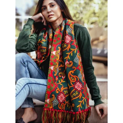 Women's Cotton Embroidered Muffler (Green, Length: 0.5 to 1 Mtr) - Image 2