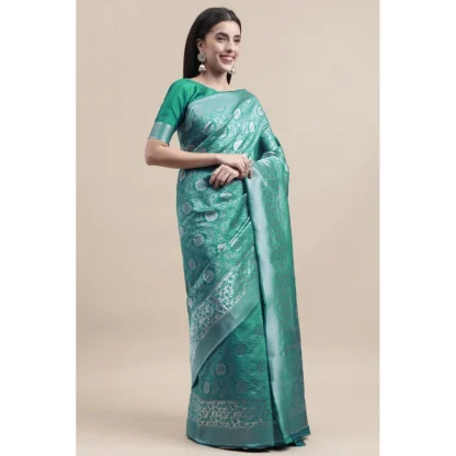 Women's Kanjivaram Silk Designer Silver Weaving Saree With Unstitched Blouse (Green, 5.50 Mtrs) - Image 2