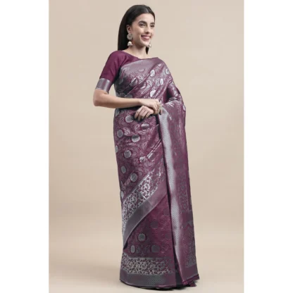 Women's Kanjivaram Silk Designer Silver Weaving Saree With Unstitched Blouse (Purple, 5.50 Mtrs) - Image 2