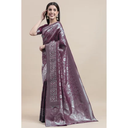 Women's Kanjivaram Silk Designer Silver Weaving Saree With Unstitched Blouse (Purple, 5.50 Mtrs) - Image 4