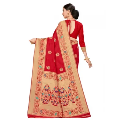 Women's Banarasi Silk Designer Weaving Saree With Unstitched Blouse (Red, 5.50 Mtrs) - Image 4