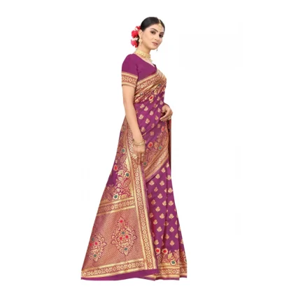 Women's Banarasi Silk Designer Weaving Saree With Unstitched Blouse (Purple, 5.50 Mtrs) - Image 3