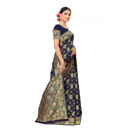 Women's Banarasi Silk Designer Weaving Saree With Unstitched Blouse (Blue, 5.50 Mtrs) - Image 3