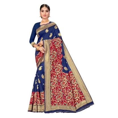 Women's Banarasi Silk Designer Weaving Saree With Unstitched Blouse (Blue, 5.50 Mtrs)