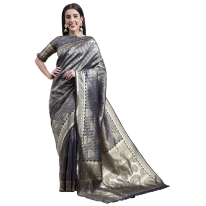 Women's Banarasi Silk Designer Weaving Saree With Unstitched Blouse (Blue, 5.50 Mtrs)