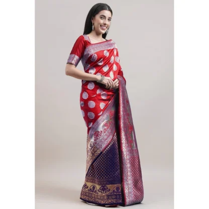 Women's Kanjivaram Silk Designer Weaving Saree With Unstitched Blouse (Red & Blue, 5.50 Mtrs) - Image 3