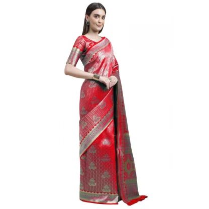 Women's Banarasi Silk Designer Weaving Saree With Unstitched Blouse (Red, 5.50 Mtrs) - Image 3