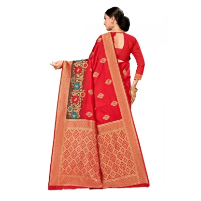 Women's Banarasi Silk Designer Weaving Saree With Unstitched Blouse (Red, 5.50 Mtrs) - Image 4