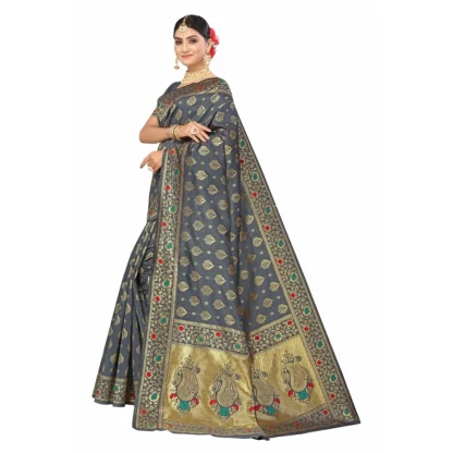 Women's Banarasi Silk Designer Weaving Saree With Unstitched Blouse (Grey, 5.50 Mtrs) - Image 2