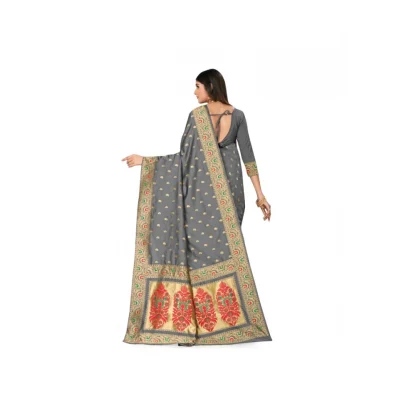 Women's Banarasi Silk Designer Weaving Saree With Unstitched Blouse (Grey, 5.50 Mtrs) - Image 4