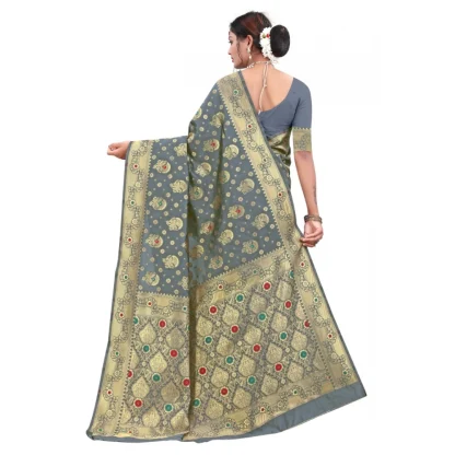 Women's Banarasi Silk Designer Weaving Saree With Unstitched Blouse (Grey, 5.50 Mtrs) - Image 4