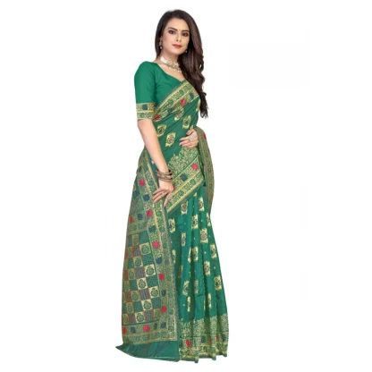 Women's Banarasi Silk Designer Weaving Saree With Unstitched Blouse (Green, 5.50 Mtrs) - Image 3