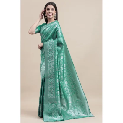 Women's Kanjivaram Silk Designer Silver Weaving Saree With Unstitched Blouse (Green, 5.50 Mtrs) - Image 4