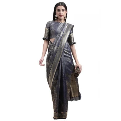 Women's Banarasi Silk Designer Weaving Saree With Unstitched Blouse (Blue, 5.50 Mtrs) - Image 3