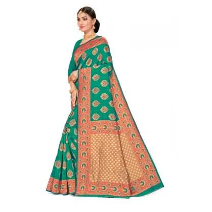 Women's Banarasi Silk Designer Weaving Saree With Unstitched Blouse (Green, 5.50 Mtrs) - Image 3