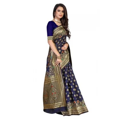 Women's Banarasi Silk Designer Weaving Saree With Unstitched Blouse (Blue, 5.50 Mtrs) - Image 3