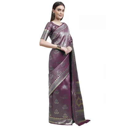 Women's Banarasi Silk Designer Weaving Saree With Unstitched Blouse (Purple, 5.50 Mtrs) - Image 3