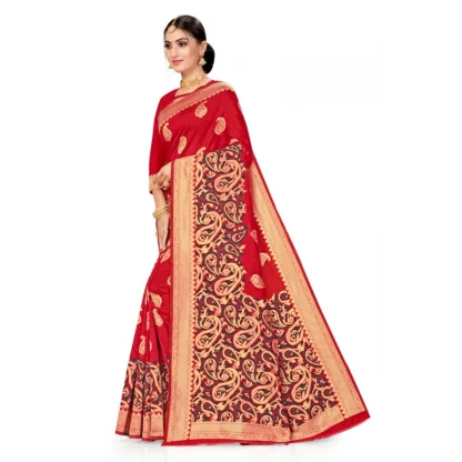 Women's Banarasi Silk Designer Weaving Saree With Unstitched Blouse (Red, 5.50 Mtrs) - Image 3