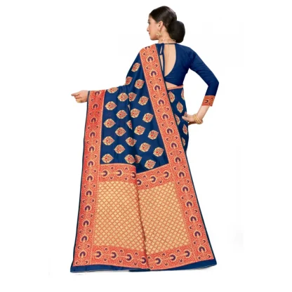 Women's Banarasi Silk Designer Weaving Saree With Unstitched Blouse (Blue, 5.50 Mtrs) - Image 4