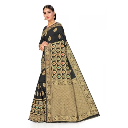 Women's Banarasi Silk Designer Weaving Saree With Unstitched Blouse (Black, 5.50 Mtrs) - Image 3