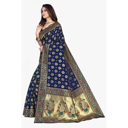 Women's Banarasi Silk Designer Weaving Saree With Unstitched Blouse (Blue, 5.50 Mtrs) - Image 2