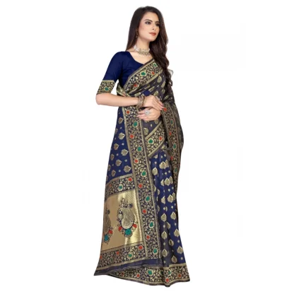 Women's Banarasi Silk Designer Weaving Saree With Unstitched Blouse (Blue, 5.50 Mtrs) - Image 3