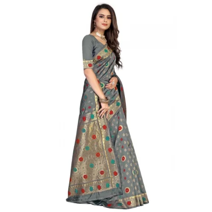 Women's Banarasi Silk Designer Weaving Saree With Unstitched Blouse (Grey, 5.50 Mtrs) - Image 3