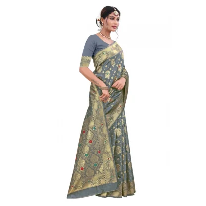 Women's Banarasi Silk Designer Weaving Saree With Unstitched Blouse (Grey, 5.50 Mtrs) - Image 3