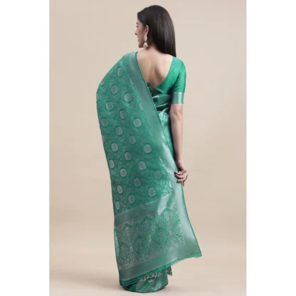 Women's Kanjivaram Silk Designer Silver Weaving Saree With Unstitched Blouse (Green, 5.50 Mtrs) - Image 3