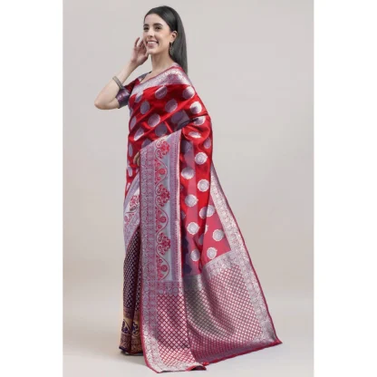 Women's Kanjivaram Silk Designer Weaving Saree With Unstitched Blouse (Red & Blue, 5.50 Mtrs) - Image 2