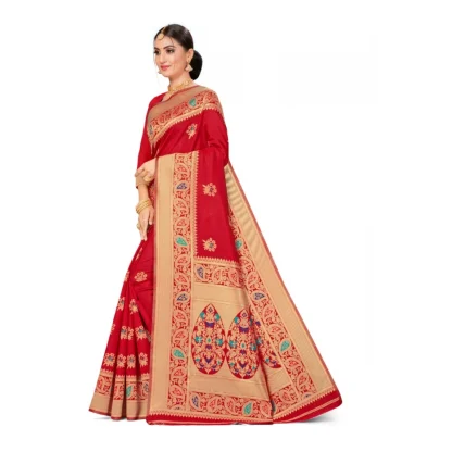 Women's Banarasi Silk Designer Weaving Saree With Unstitched Blouse (Red, 5.50 Mtrs) - Image 3