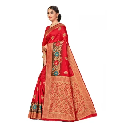 Women's Banarasi Silk Designer Weaving Saree With Unstitched Blouse (Red, 5.50 Mtrs) - Image 3