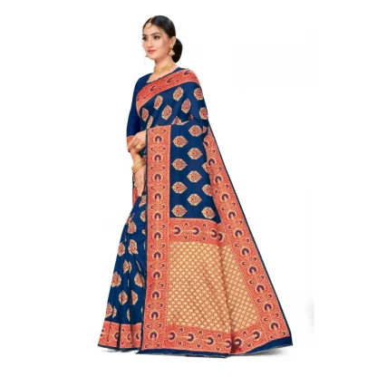 Women's Banarasi Silk Designer Weaving Saree With Unstitched Blouse (Blue, 5.50 Mtrs) - Image 3