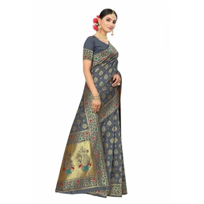 Women's Banarasi Silk Designer Weaving Saree With Unstitched Blouse (Grey, 5.50 Mtrs) - Image 3