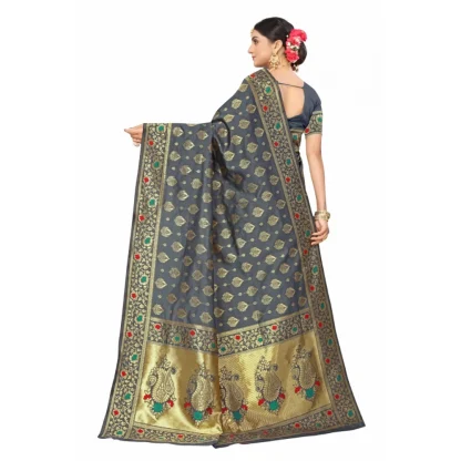 Women's Banarasi Silk Designer Weaving Saree With Unstitched Blouse (Grey, 5.50 Mtrs) - Image 4