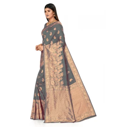 Women's Banarasi Silk Designer Weaving Saree With Unstitched Blouse (Grey, 5.50 Mtrs) - Image 3