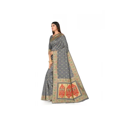 Women's Banarasi Silk Designer Weaving Saree With Unstitched Blouse (Grey, 5.50 Mtrs) - Image 3