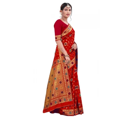 Women's Banarasi Silk Designer Weaving Saree With Unstitched Blouse (Red, 5.50 Mtrs) - Image 3