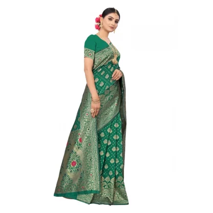 Women's Banarasi Silk Designer Weaving Saree With Unstitched Blouse (Green, 5.50 Mtrs) - Image 3