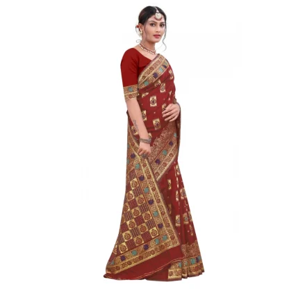 Women's Banarasi Silk Designer Weaving Saree With Unstitched Blouse (Maroon, 5.50 Mtrs) - Image 3