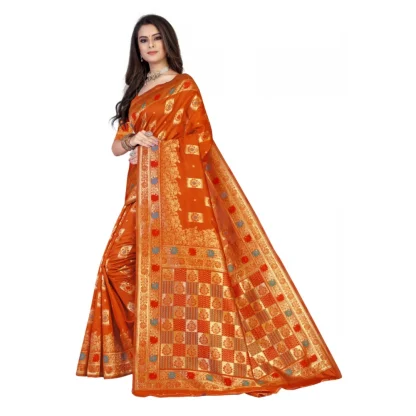 Women's Banarasi Silk Designer Weaving Saree With Unstitched Blouse (Orange, 5.50 Mtrs) - Image 2