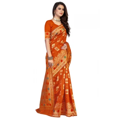 Women's Banarasi Silk Designer Weaving Saree With Unstitched Blouse (Orange, 5.50 Mtrs) - Image 3