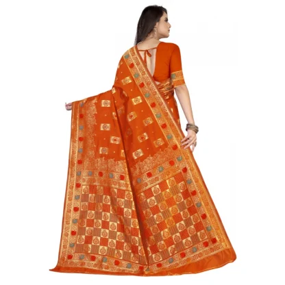 Women's Banarasi Silk Designer Weaving Saree With Unstitched Blouse (Orange, 5.50 Mtrs) - Image 4