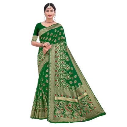 Women's Banarasi Silk Designer Weaving Saree With Unstitched Blouse (Green, 5.50 Mtrs)