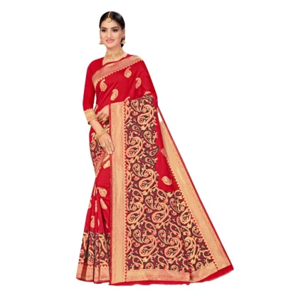 Women's Banarasi Silk Designer Weaving Saree With Unstitched Blouse (Red, 5.50 Mtrs)