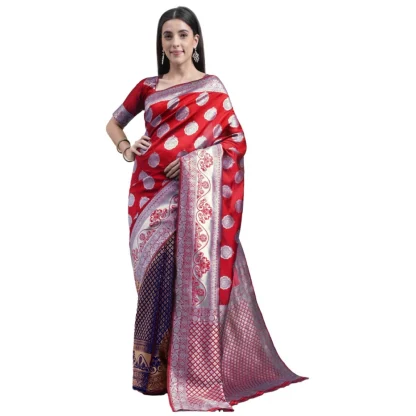 Women's Kanjivaram Silk Designer Weaving Saree With Unstitched Blouse (Red & Blue, 5.50 Mtrs)