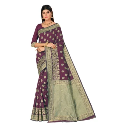 Women's Banarasi Silk Designer Weaving Saree With Unstitched Blouse (Purple, 5.50 Mtrs)