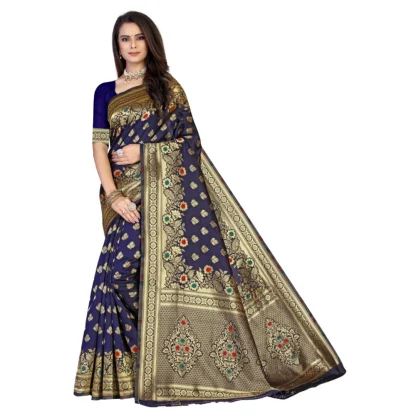 Women's Banarasi Silk Designer Weaving Saree With Unstitched Blouse (Blue, 5.50 Mtrs)